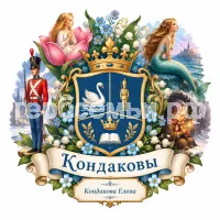 Гербы семьи Кондаковых на фоне сказок Ганса Христа Андерсена цветы маленькой Иды, стойкий оловянный солдатик, Дюймовочка, русалочка и девочка со спичками