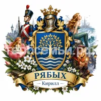 Гербы семьи Рябых  на фоне сказок Ганса Христа на Андерсена цветы маленькой Иды, стойкий оловянный солдатик, дюймовочка, русалочка и девочка со спичками