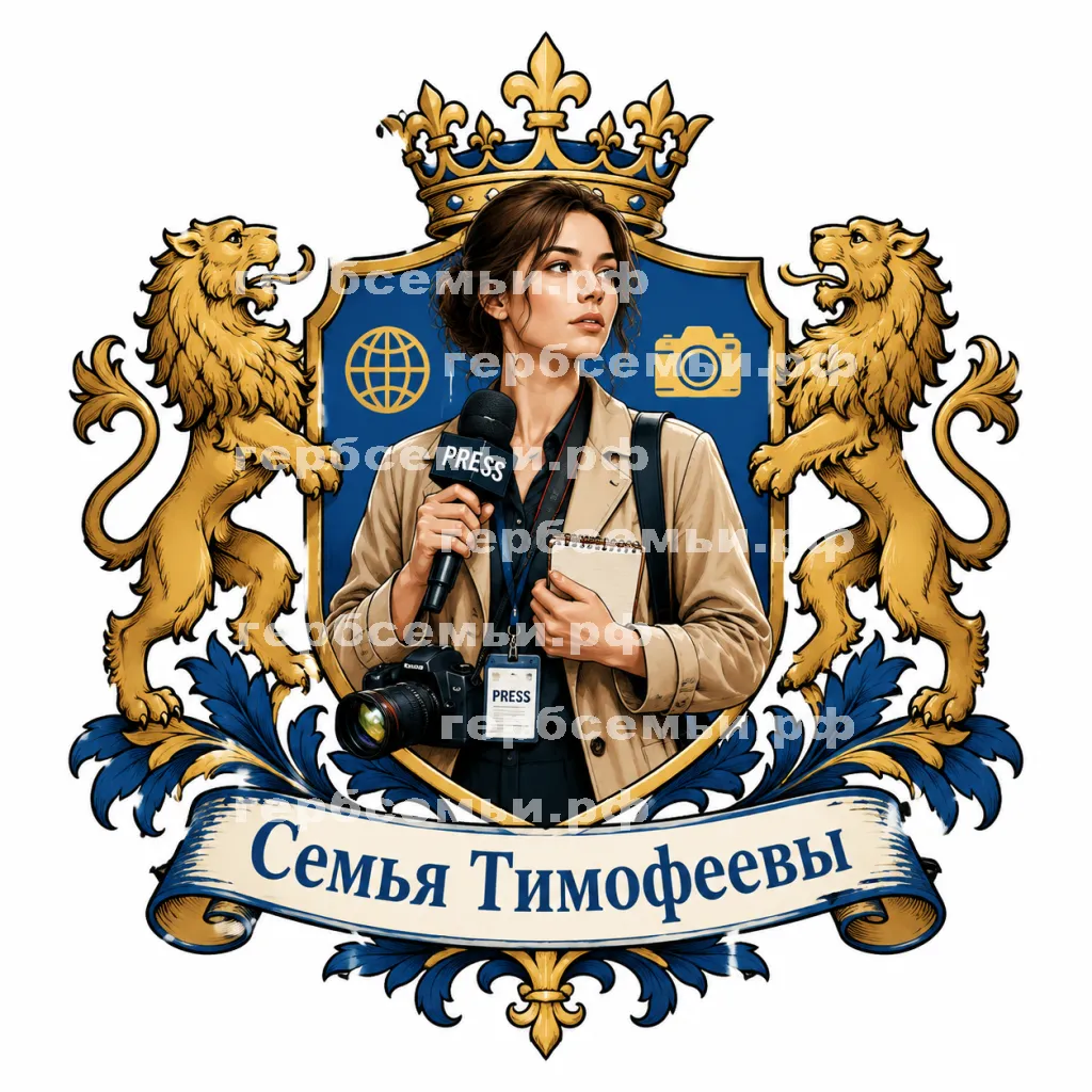 Герб семьи Тимофеевы на фоне девушки корреспондента #41670