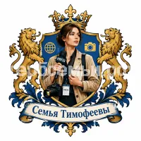 Герб семьи Тимофеевы на фоне девушки корреспондента