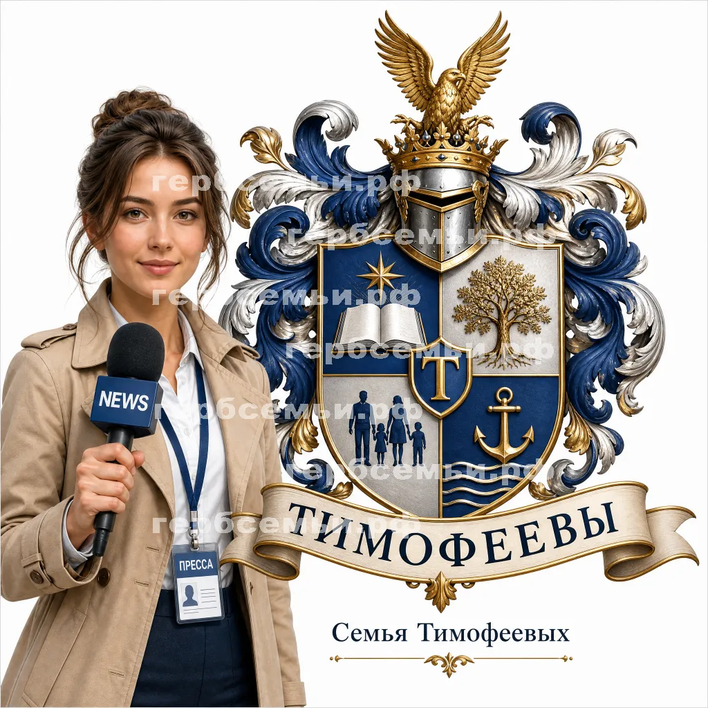Герб семьи Тимофеевы на фоне девушки корреспондента #41671
