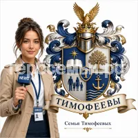 Гербы семьи Тимофеевы на фоне девушки корреспондента
