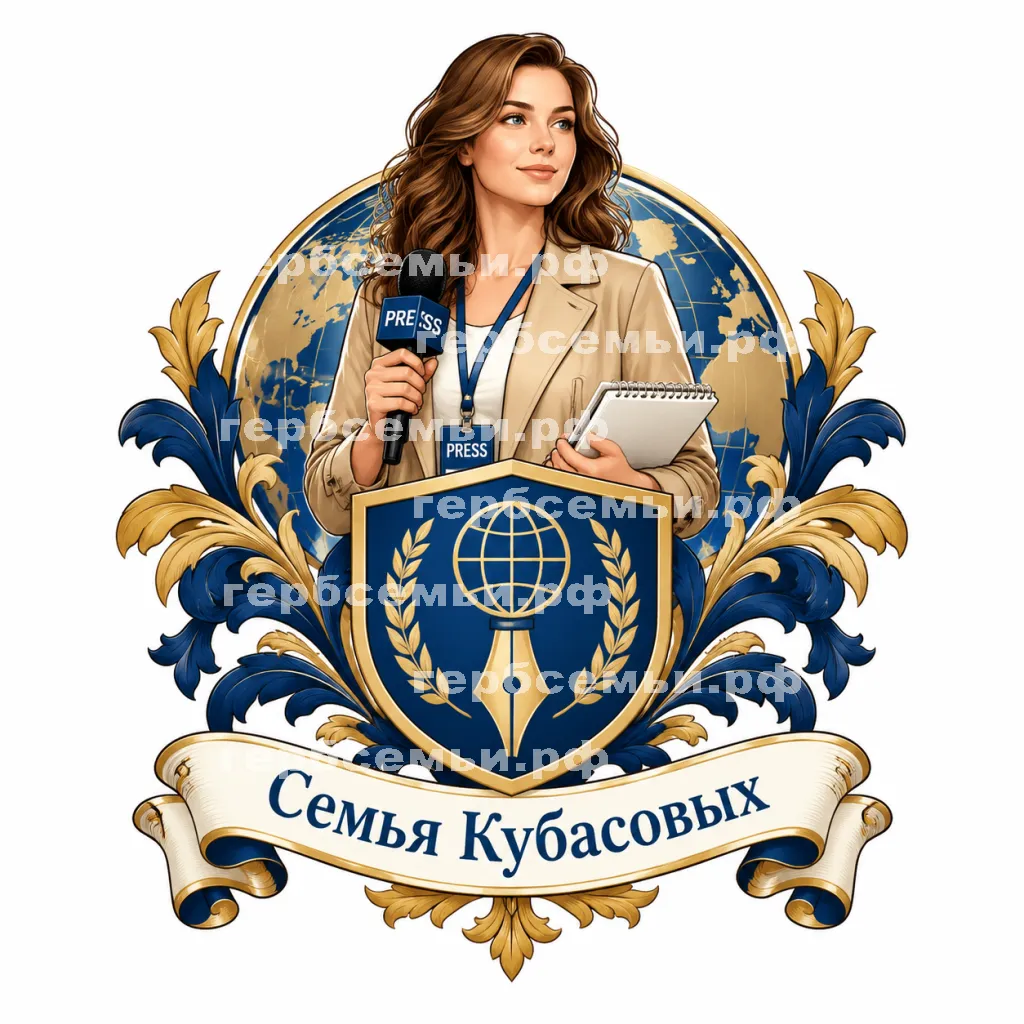 Герб семьи Кубасовы на фоне девушки корреспондента #41672