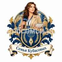Гербы семьи Кубасовы на фоне девушки корреспондента