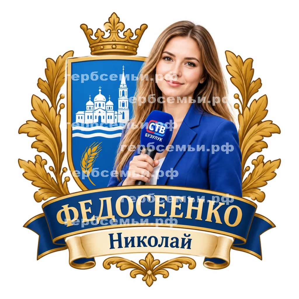 Герб семьи Федосеенко на фоне девушки корреспондента СТВ Бузулук #41673