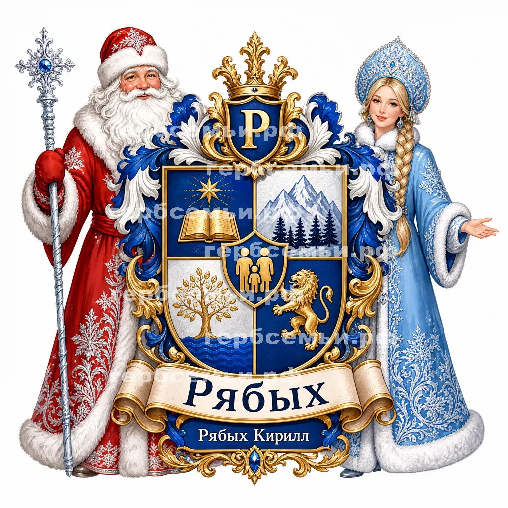 Герб семьи Рябых  на фоне деда мороза и снегурочки #41720