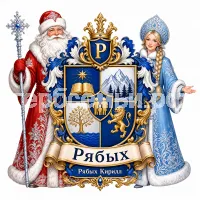 Гербы семьи Рябых  на фоне деда мороза и снегурочки