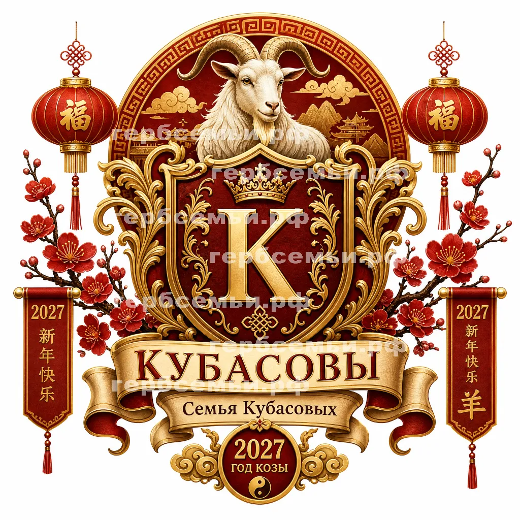 Герб семьи Кубасовы на фоне Китайского Нового Года Козы 2027 #41742