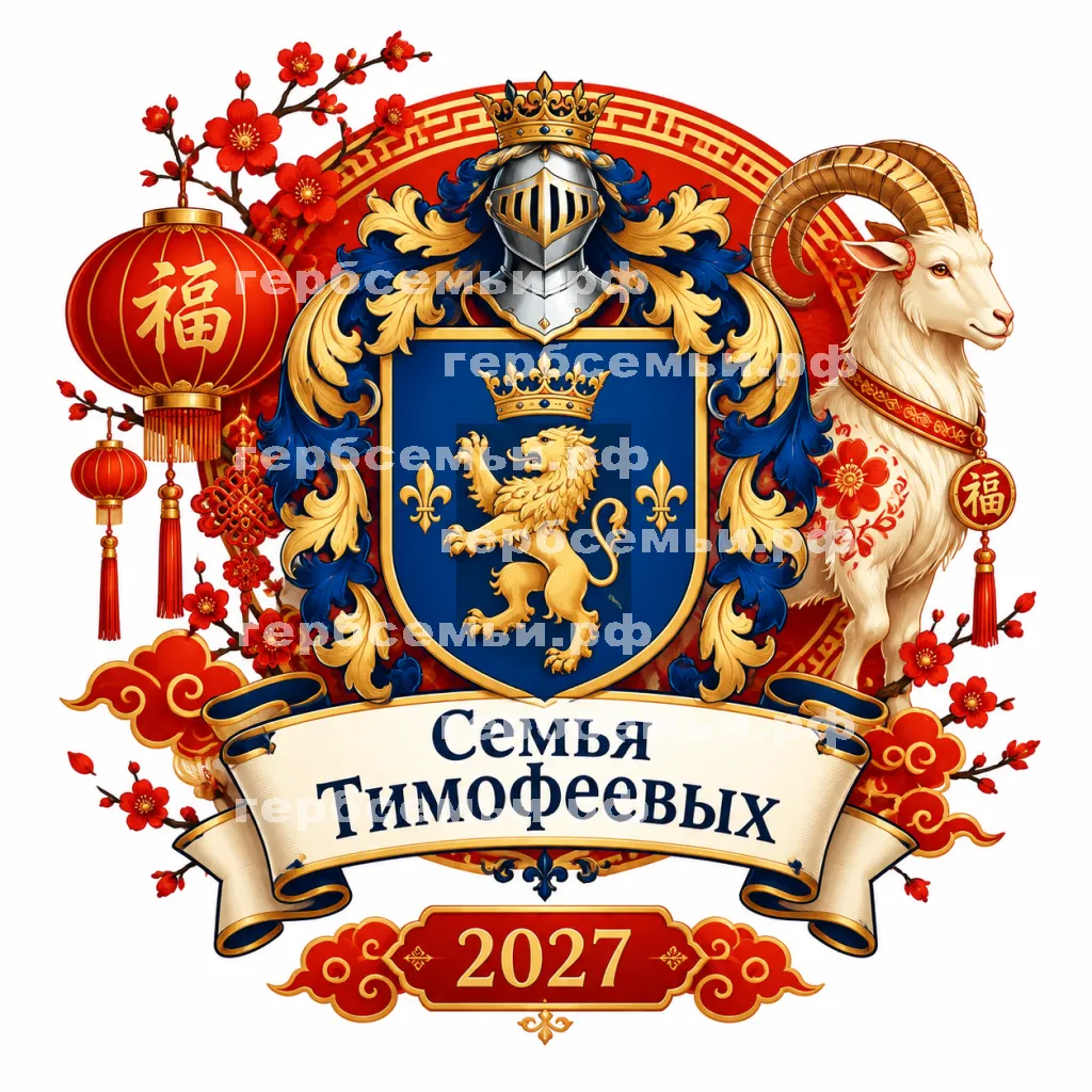 Герб семьи Тимофеевых на фоне Китайского Нового Года Козы 2027 #41744