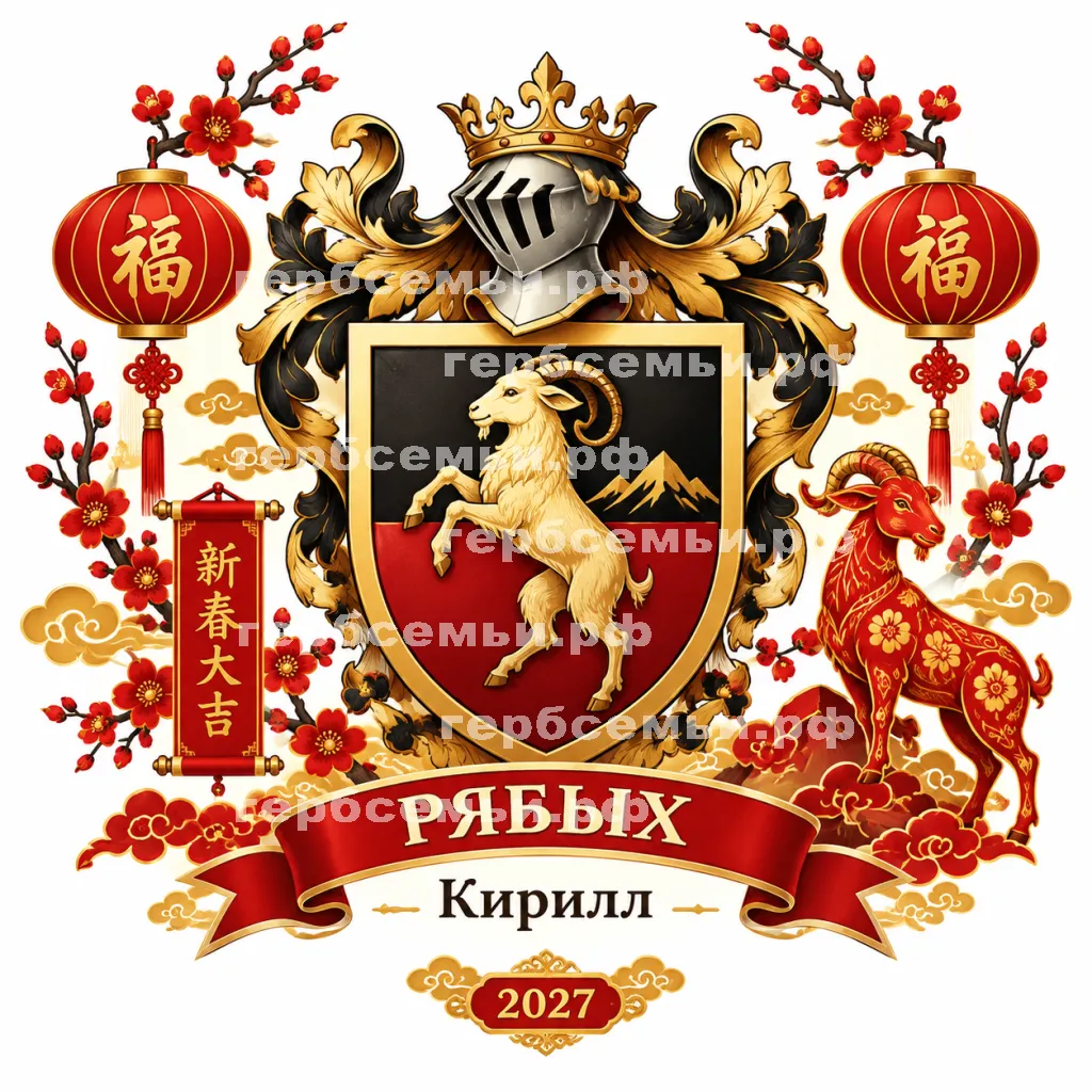 Герб семьи Рябых  на фоне Китайского Нового Года Козы 2027 #41770