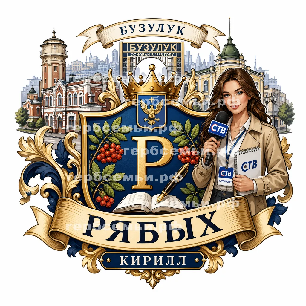 Герб семьи Рябых на фоне города Бузулука и девушки корреспондента СТВ #41868