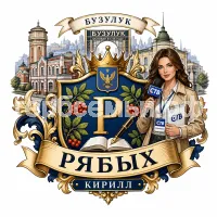 Гербы семьи Рябых на фоне города Бузулука и девушки корреспондента СТВ