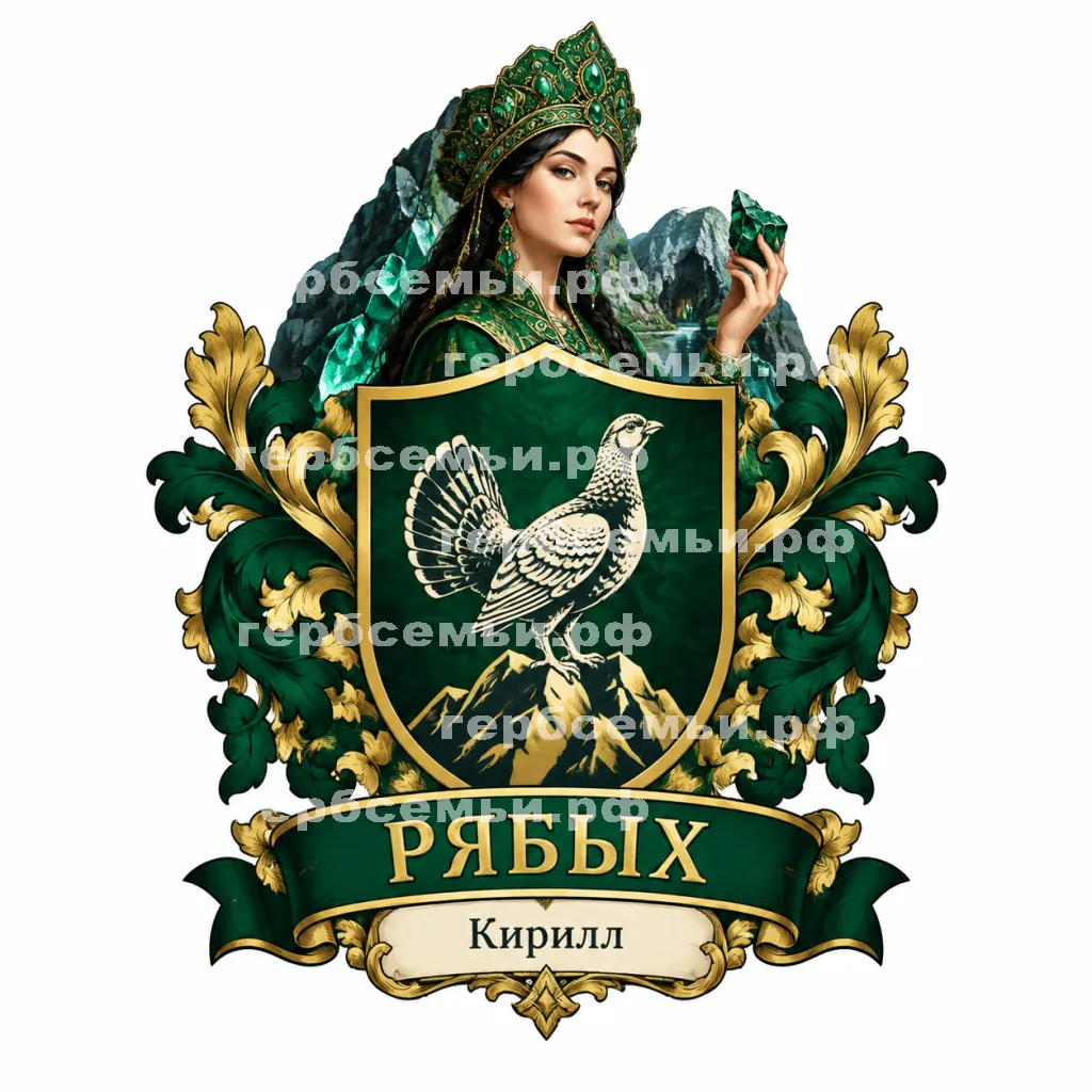 Герб семьи Рябых на фоне хозяйки медной горы сказа Бажова #41875