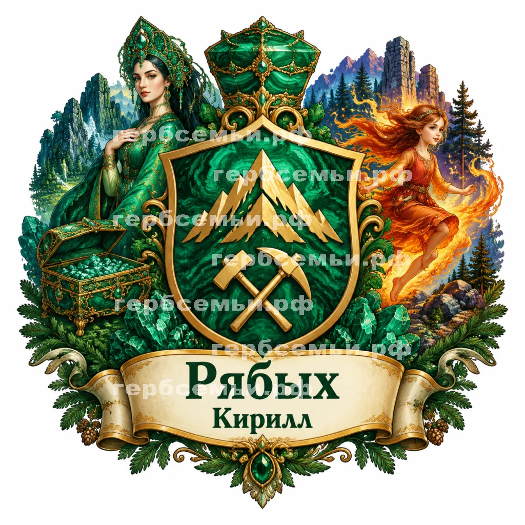 Герб семьи Создать герб на фоне уральских сказок Павла Петровича Бажова малахитовая шкатулка хозяйка медной горы и огневушка поскакушка #41892