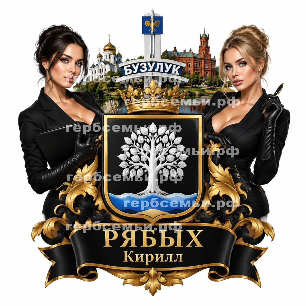 Герб семьи Рябых на фоне города Бузулука девушки ассистентки в черных кожаных перчатках #41907