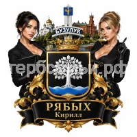 Гербы семьи Рябых на фоне города Бузулука девушки ассистентки в черных кожаных перчатках