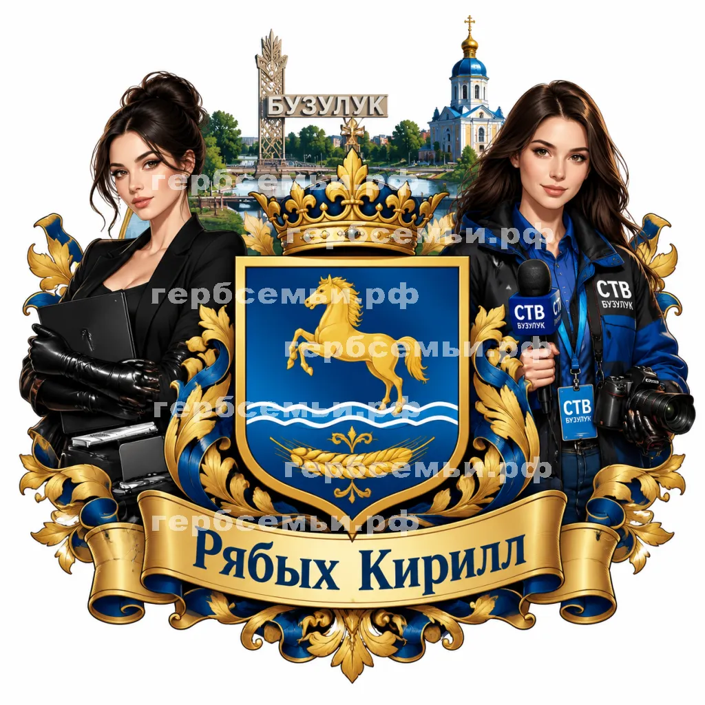 Герб семьи Создать гербна фоне города Бузулук девушки ассистента в черных кожаных перчатках и девушки корреспондента СТВ Бузулук #41908