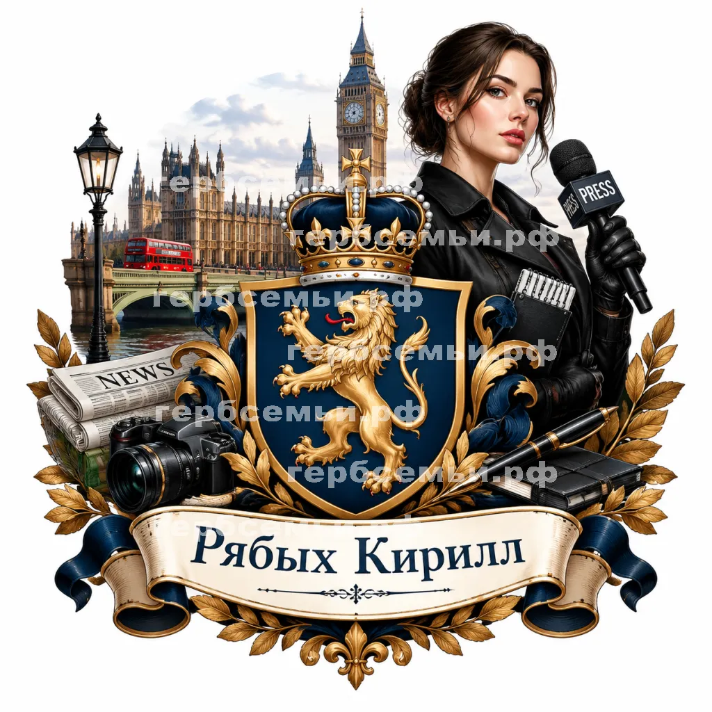 Герб семьи Создать герб  на фоне города Лондона и девушки корреспондента в чёрных кожаных перчатках #41979