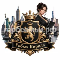Гербы семьи Создать герб на фоне города Нью-Йорка и девушки ассистентки в черных кожаных перчатках