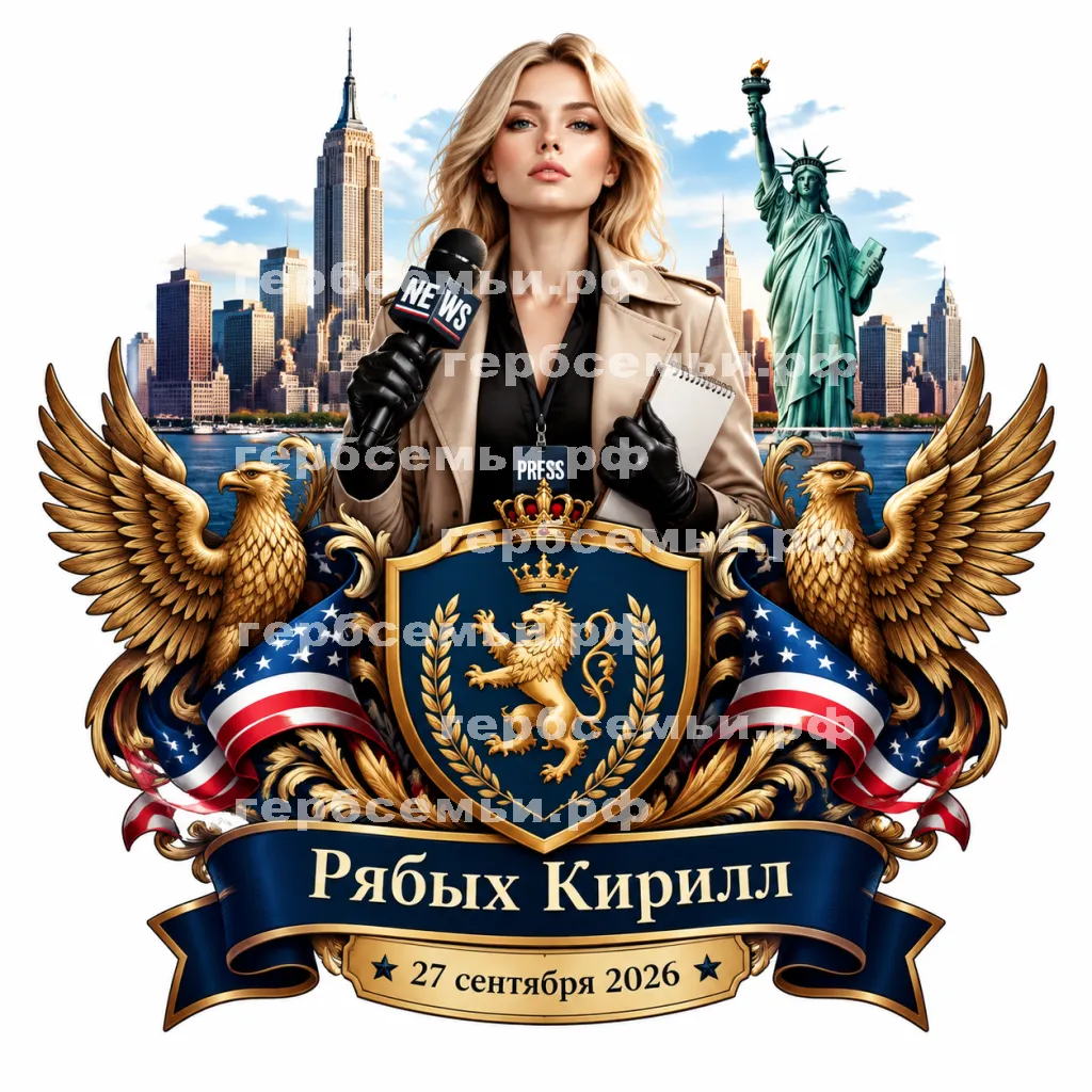Герб семьи Создать герб на фоне города Нью-Йорка и девушки корриспондета в черных кожаных перчатках 27 сентября 2026 год на американский манер #41995
