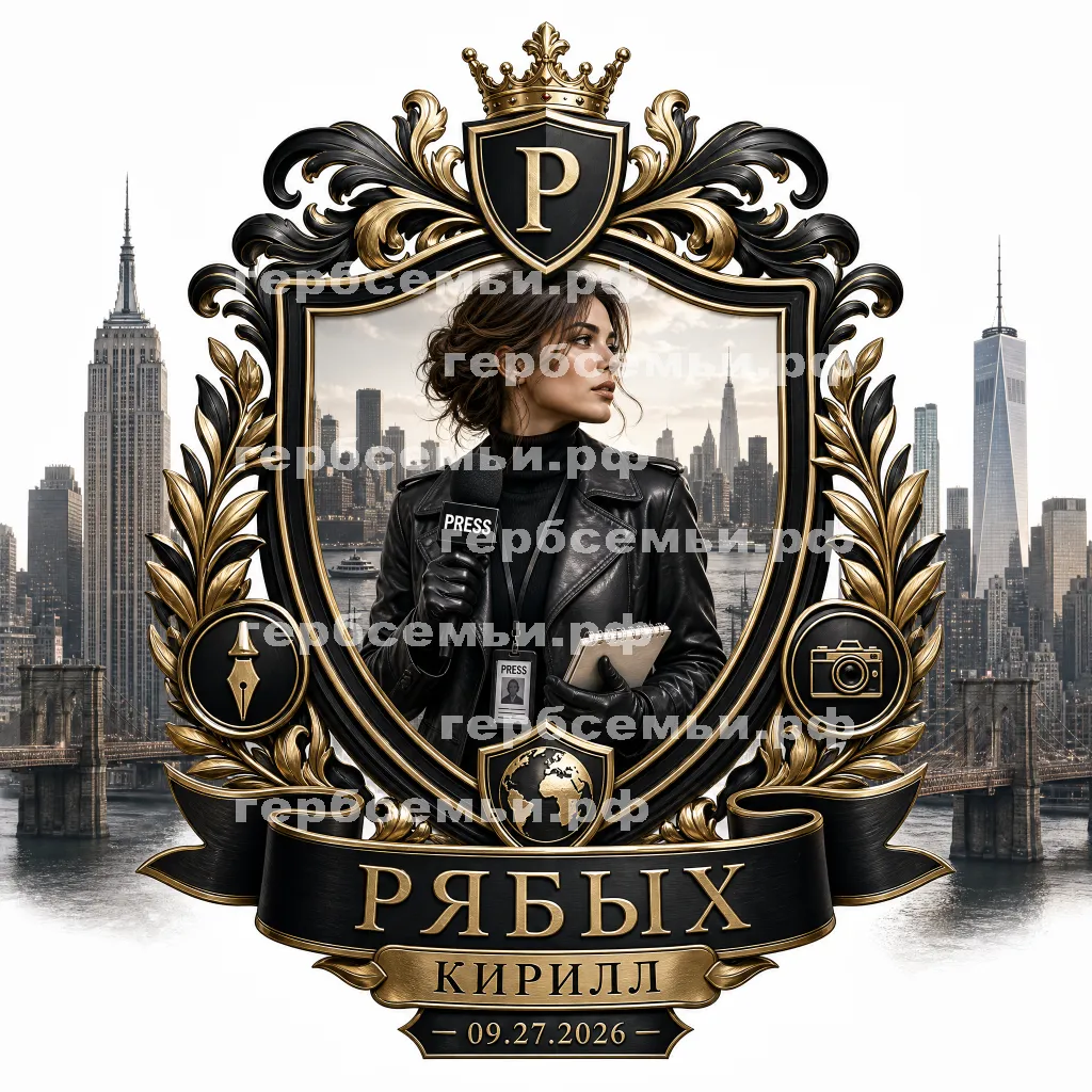 Герб семьи Создать герб  на фоне города Нью-Йорка девушки корреспондента в чёрных кожаных перчатках 09.27.2026 #41998