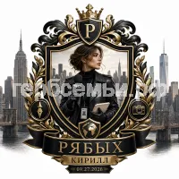 Герб семьи Создать герб  на фоне города Нью-Йорка девушки корреспондента в чёрных кожаных перчатках 09.27.2026