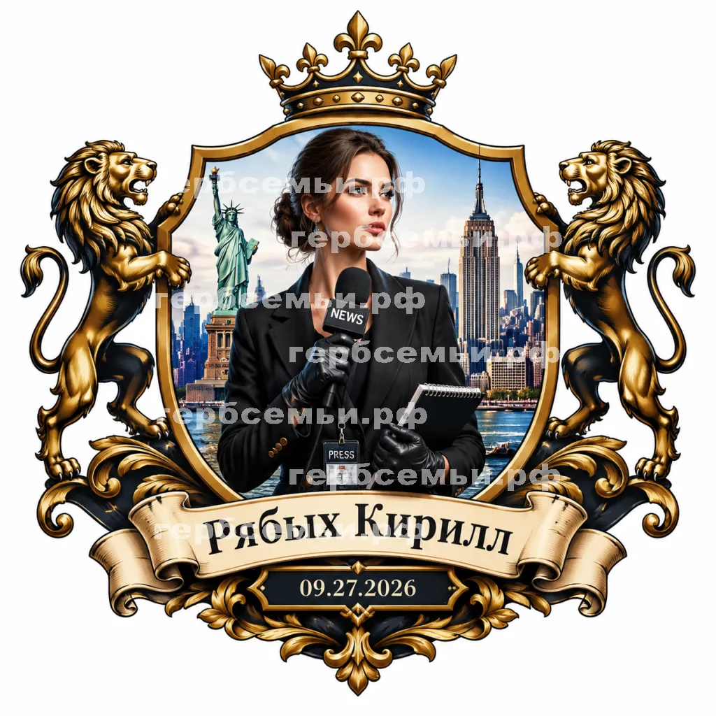 Герб семьи Создать герб  на фоне города Нью-Йорка девушки корреспондента в чёрных кожаных перчатках 09.27.2026 #41999