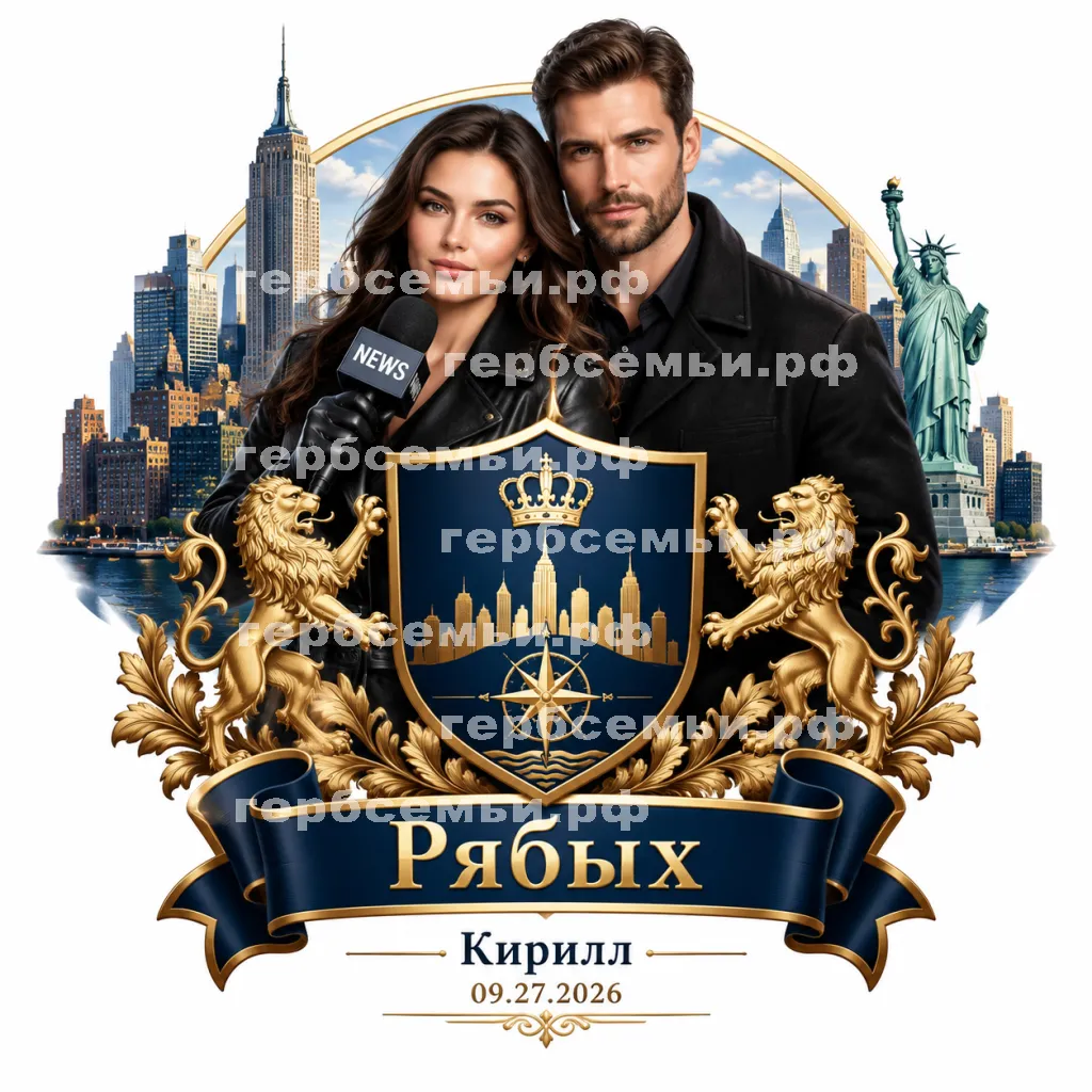 Герб семьи Создать герб на фоне города Нью-йорка и девушки корреспондента в черных кожаных перчатках 09.27.2026 с мужем Кириллом #42009