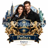 Гербы семьи Создать герб на фоне города Нью-йорка и девушки корреспондента в черных кожаных перчатках 09.27.2026 с мужем Кириллом