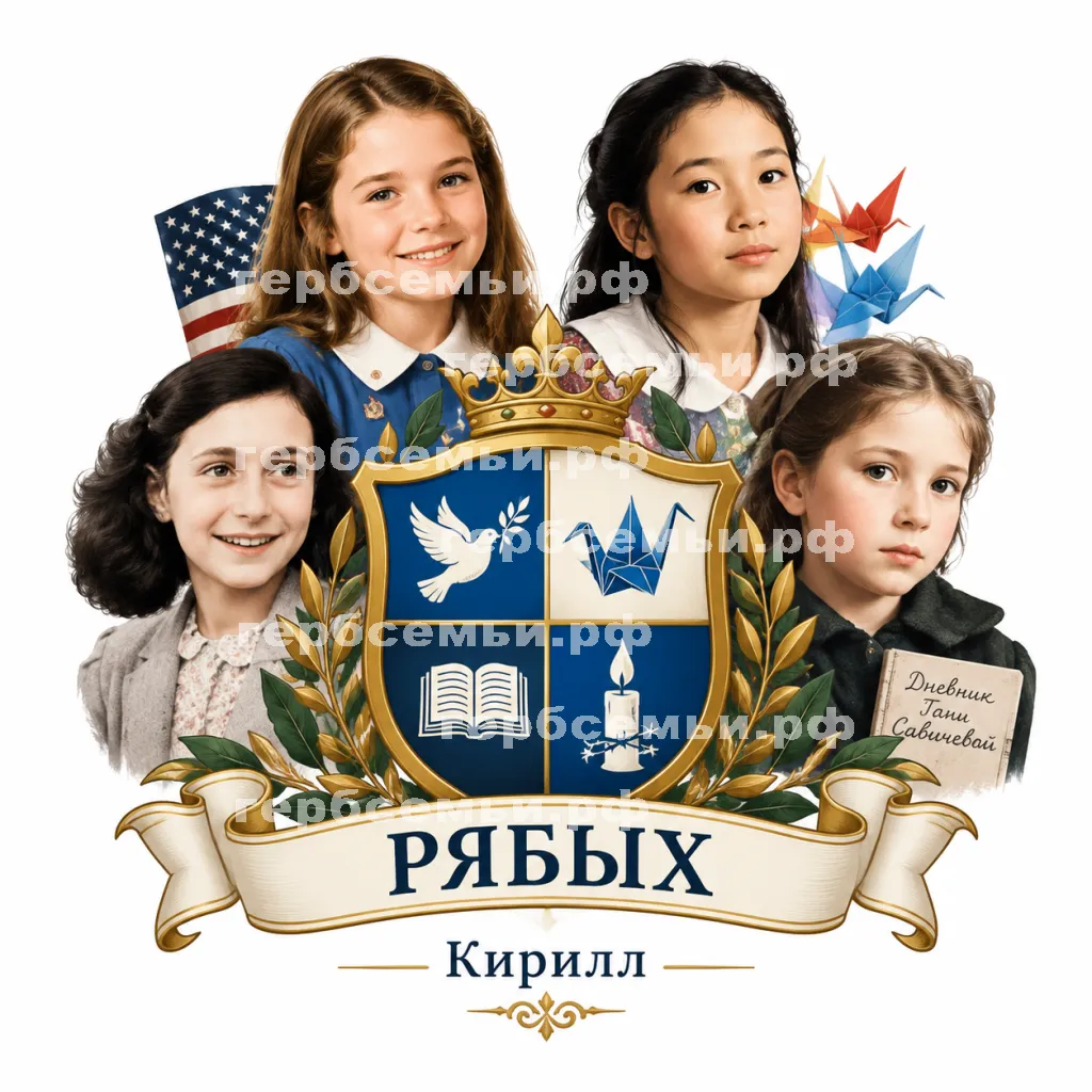 Герб семьи Создать герб на фоне четырёх девочек Саманты Смит, Садако Сасаки, Анны Франк и Тани Савечевой #42015