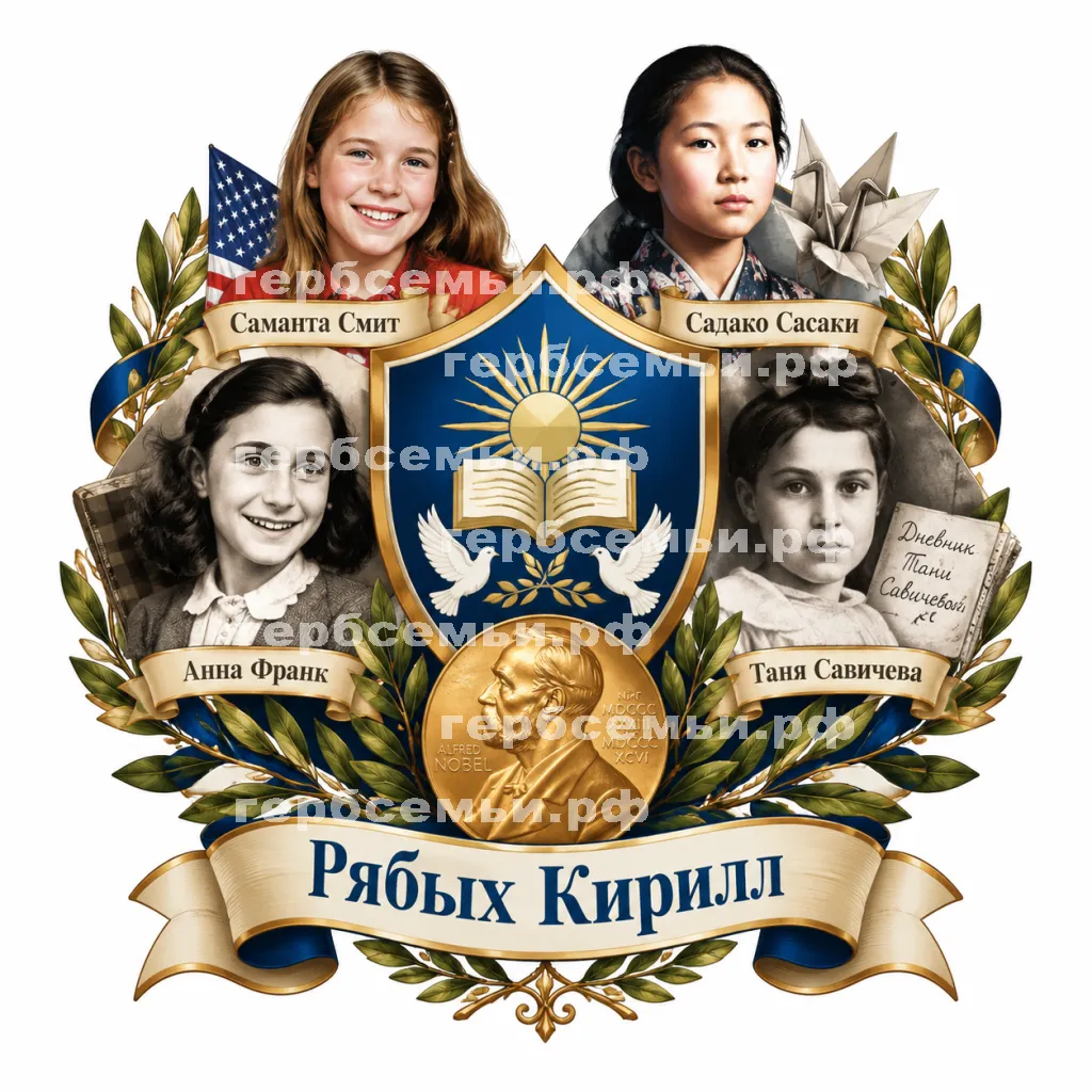 Герб семьи Создать герб на фоне четырёх знаменитых девочек Саманты Смит, Садако Сасаки, Анны Франк и Тани Савичевой медалью #42019