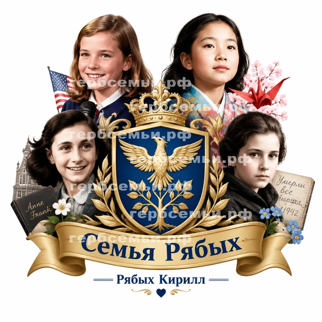 Герб семьи Семья Рябых на фоне четырёх знаменитых девочек Саманты Смит, Садако Сасаки, Анны Франк и Тани Савичевой #42020