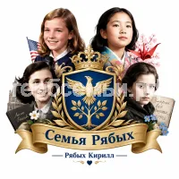 Гербы семьи Семья Рябых на фоне четырёх знаменитых девочек Саманты Смит, Садако Сасаки, Анны Франк и Тани Савичевой