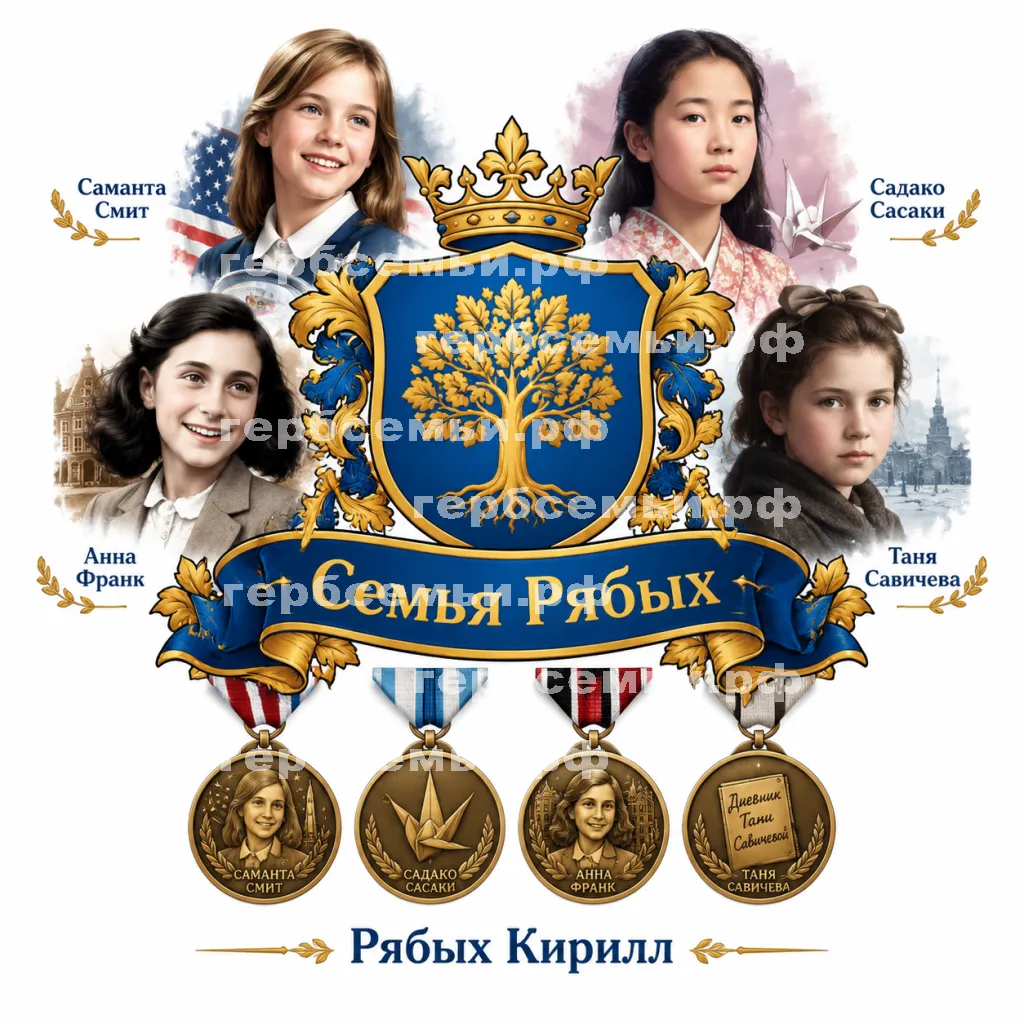 Герб семьи Семья Рябых на фоне четырёх знаменитых девочек Саманты Смит, Садако Сасаки, Анны Франк и Тани Савичевой и медали четырех девочек #42037