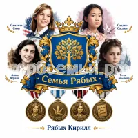 Гербы семьи Семья Рябых на фоне четырёх знаменитых девочек Саманты Смит, Садако Сасаки, Анны Франк и Тани Савичевой и медали четырех девочек