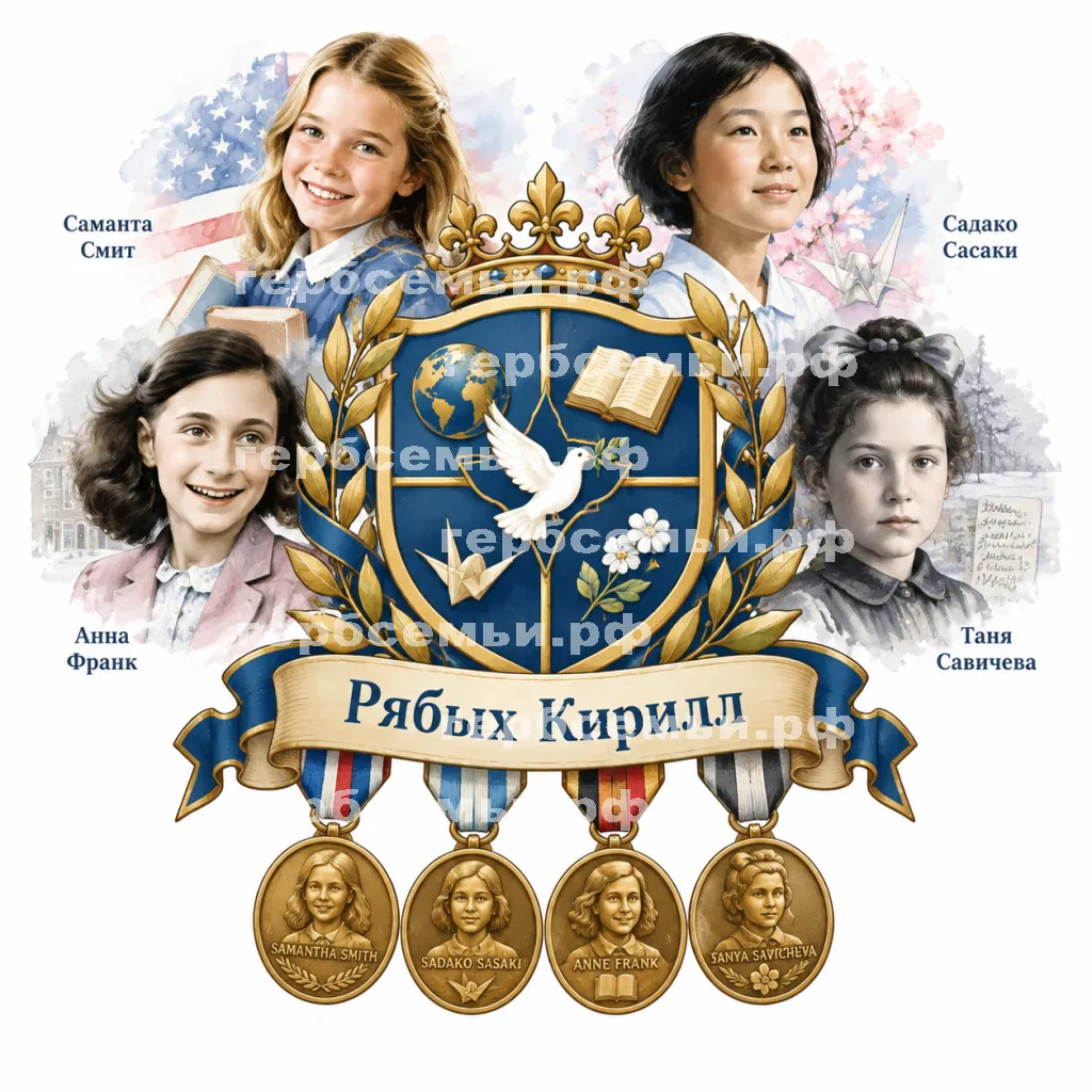 Герб семьи Создать герб  на фоне заметых девочек Саманты Смит, Садако Сасаки, Анны Франк и Тани Савичевой и медали четырех девочек #42067
