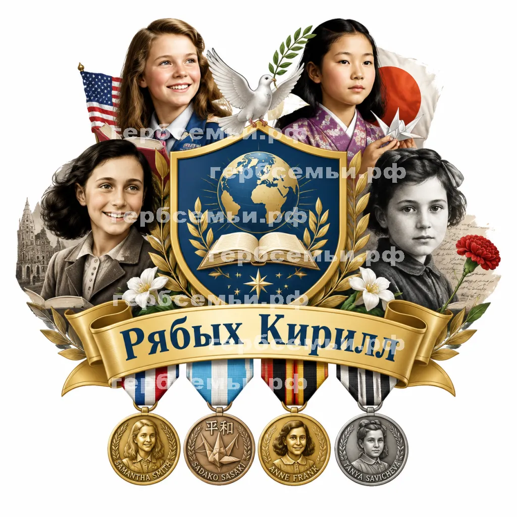 Герб семьи Создать герб на фоне четырёх знаментых девочек Саманты Смит, Садако Сасаки, Анны Франк и Тани Савичевой и медали четырех девочек #42081
