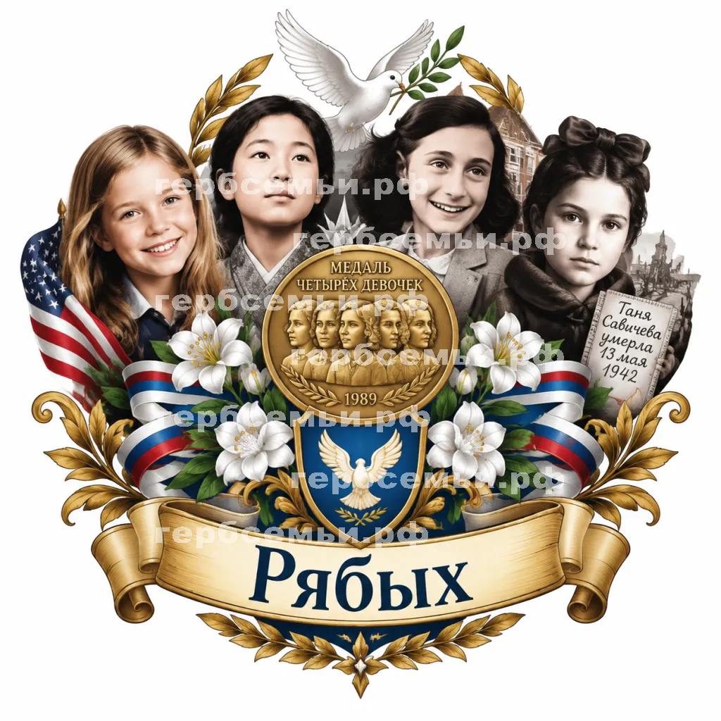 Герб семьи Создать герб на фоне знаменитых девочек Саманты Смит, Садако Сасаки, Анны Франк и Тани Савичевой медаль четырёх девочек утверждена 1989 году #42104