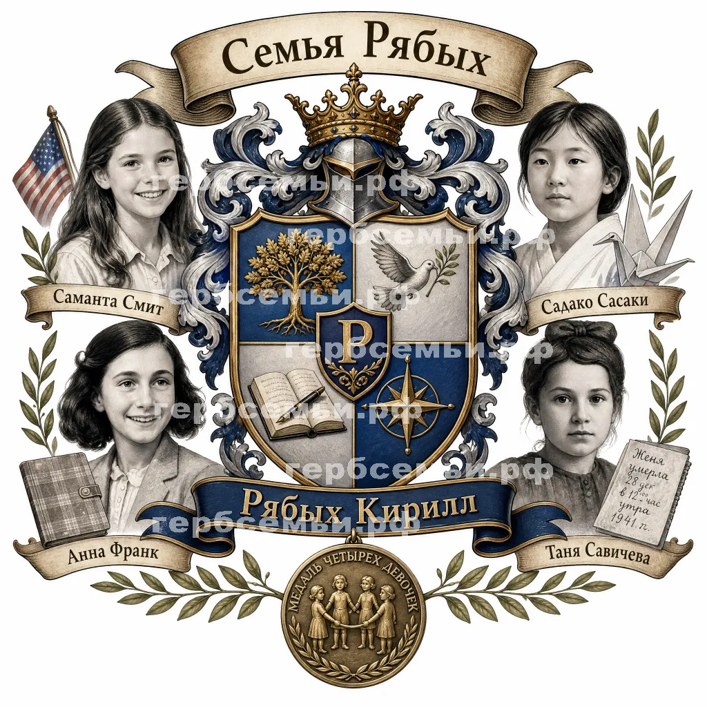 Герб семьи Семья Рябых на фоне четырёх знаменитых девочек Саманты Смит, Садако Сасаки, Анны Франк и Тани Савичевой и медаль четырех девочек #42116