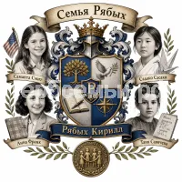 Герб семьи Семья Рябых на фоне четырёх знаменитых девочек Саманты Смит, Садако Сасаки, Анны Франк и Тани Савичевой и медаль четырех девочек
