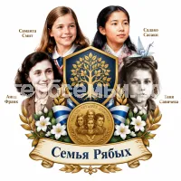 Герб семьи Семья Рябых на фоне четырёх знаменитых девочек Саманты Смит, Садако Сасаки, Анны Франк и Тани Савичевой и медаль четырех девочек