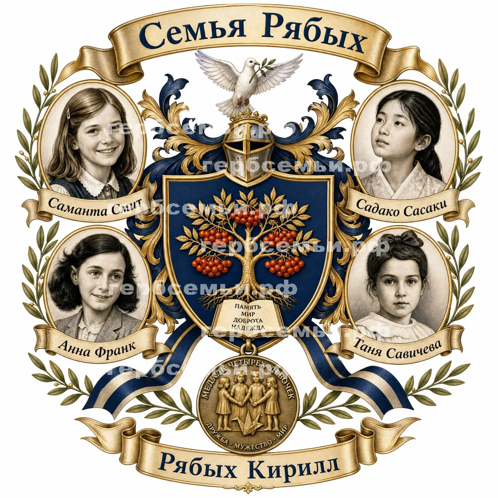 Герб семьи Семья Рябых на фоне четырёх знаменитых девочек Саманты Смит, Садако Сасаки, Анны Франк и Тани Савичевой и медаль четырех девочек #42118