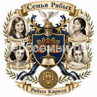 Гербы семьи Семья Рябых на фоне четырёх знаменитых девочек Саманты Смит, Садако Сасаки, Анны Франк и Тани Савичевой и медаль четырех девочек