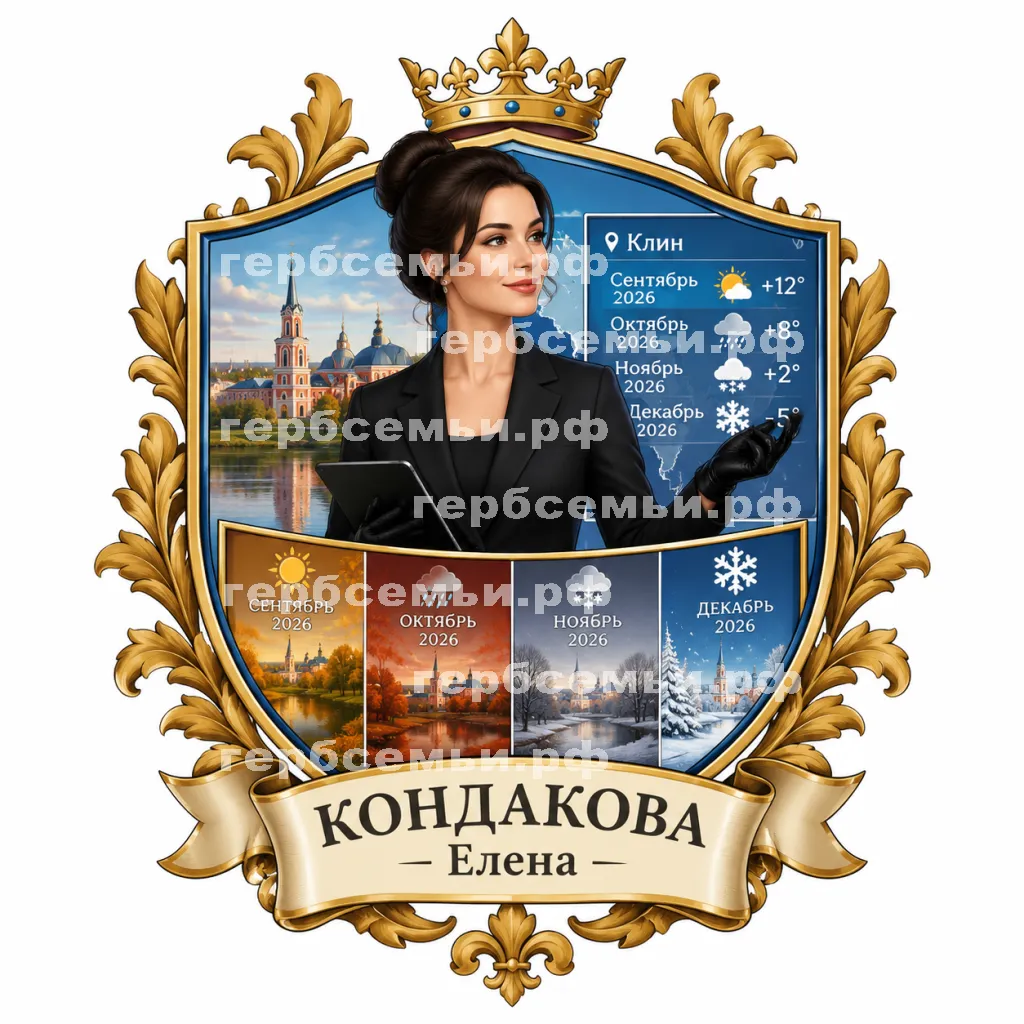 Герб семьи Создать герб фоне девушки ведущей прогроноза погоды в черных кожаных перчатках города Клина на сентябрь, октябрь, ноябрь и декабрь 2026 год #42268