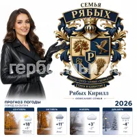 Гербы семьи Семья Рябых на фоне девушки ведущей прогроноза погоды города Бузулука сентябрь, октябрь, ноябрь и декабрь 2026 год в чёрных кожаных перчатках