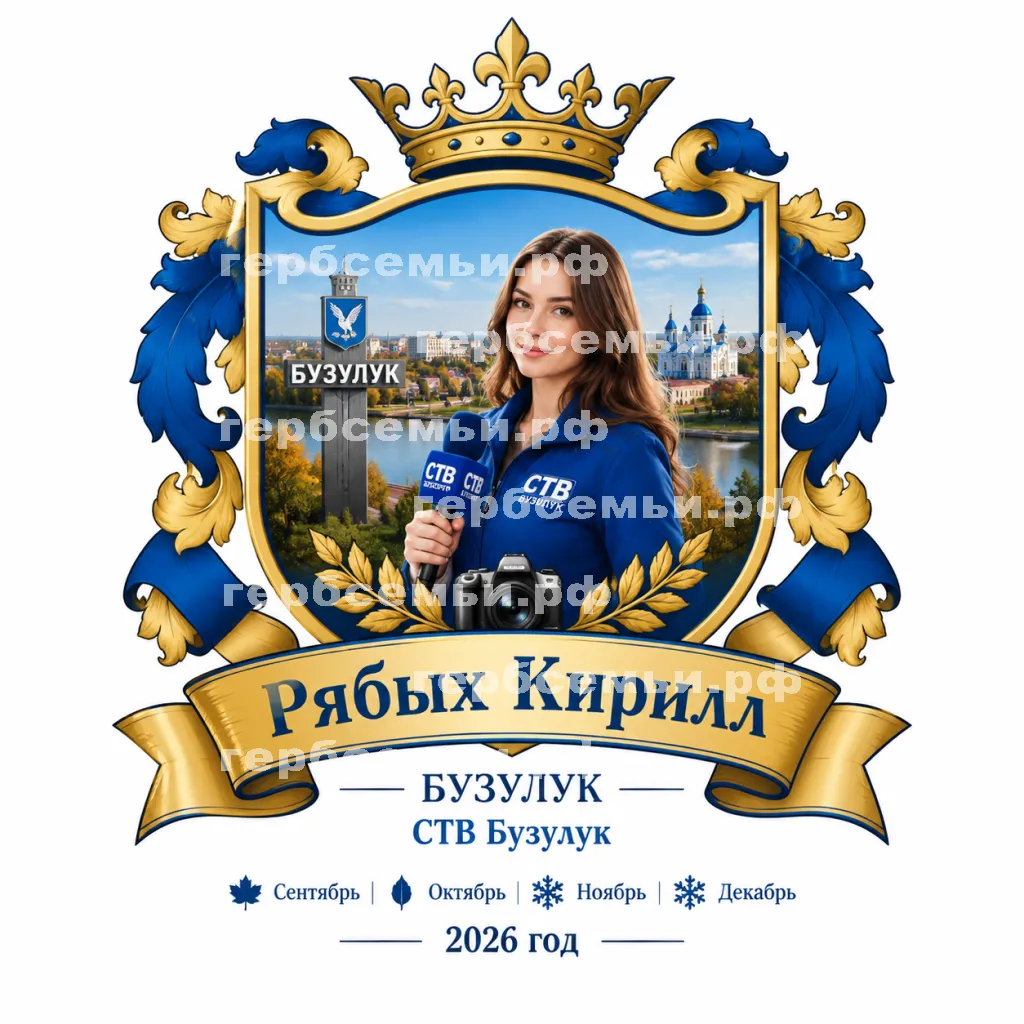 Герб семьи Создать герб на фоне города Бузулука и девушки корреспондента СТВ Бузулук сентябрь, октябрь, ноябрь и декабрь 2026 год #42379
