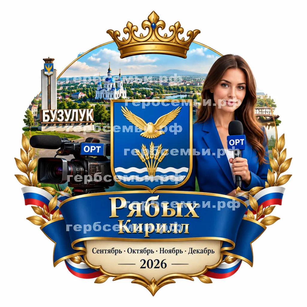 Герб семьи Создать герб на фоне города Бузулук и девушки корреспондента ОРТ сентябрь, октябрь, ноябрь и декабрь 2026 год #42415