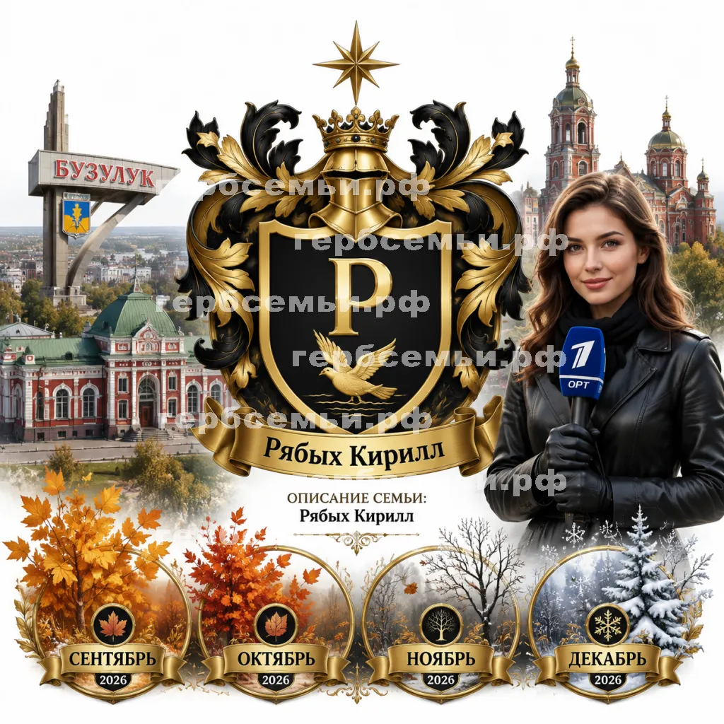 Герб семьи Создать герб на фоне города Бузулук и девушки корреспондента ОРТ сентябрь, октябрь, ноябрь и декабрь 2026 год в черных кожаных перчатках #42416