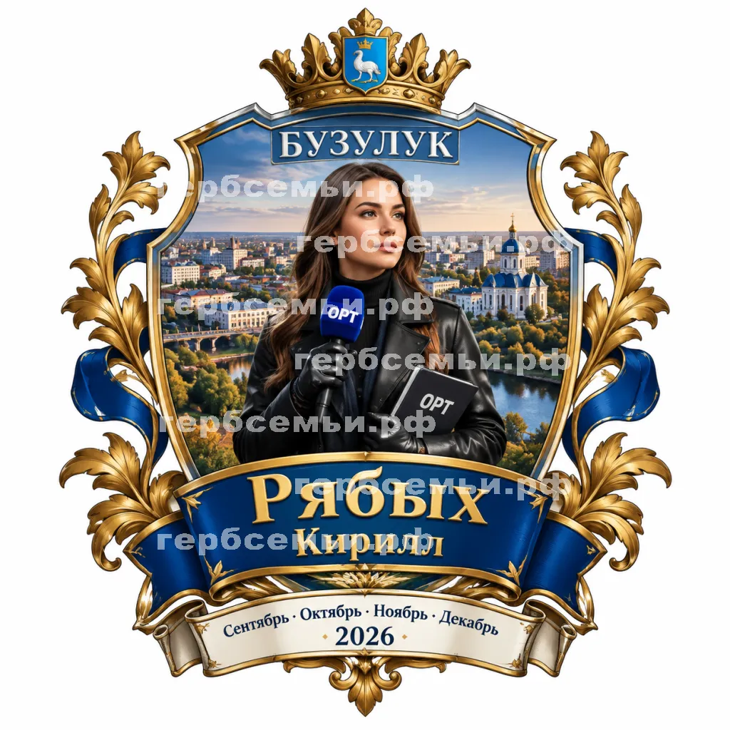 Герб семьи Создать герб на фоне города Бузулук и девушки корреспондента ОРТ сентябрь, октябрь, ноябрь и декабрь 2026 год в черных кожаных перчатках #42417