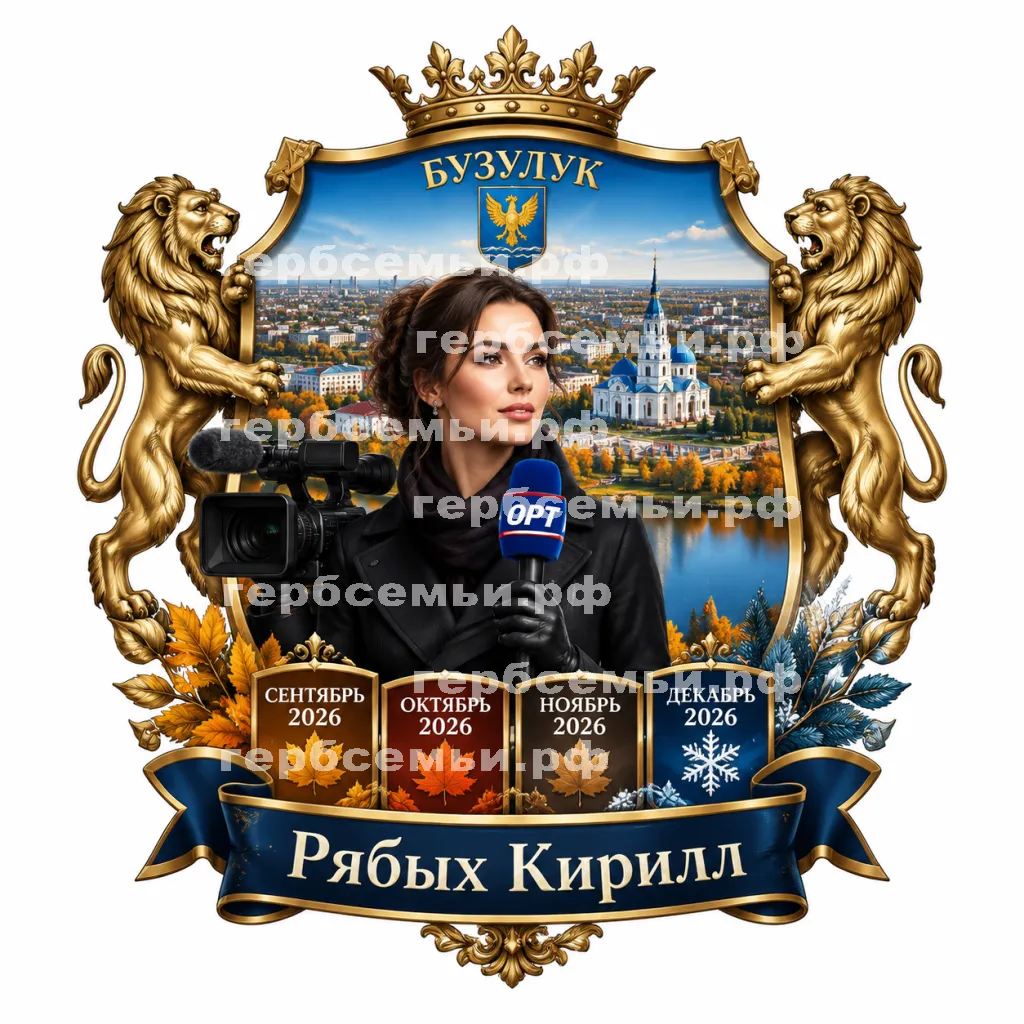 Герб семьи Создать герб на фоне города Бузулук и девушки корреспондента ОРТ сентябрь, октябрь, ноябрь и декабрь 2026 год в черных кожаных перчатках #42418